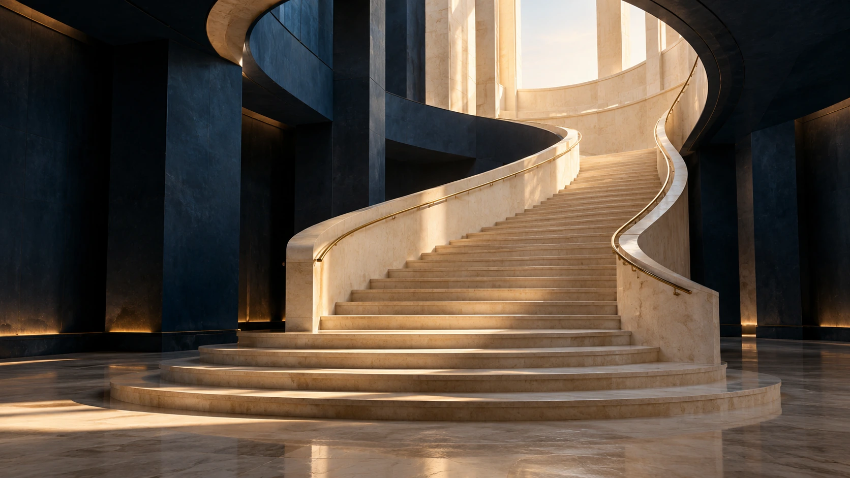 Sculptural limestone staircase rising towards natural light in a navy architectural atrium