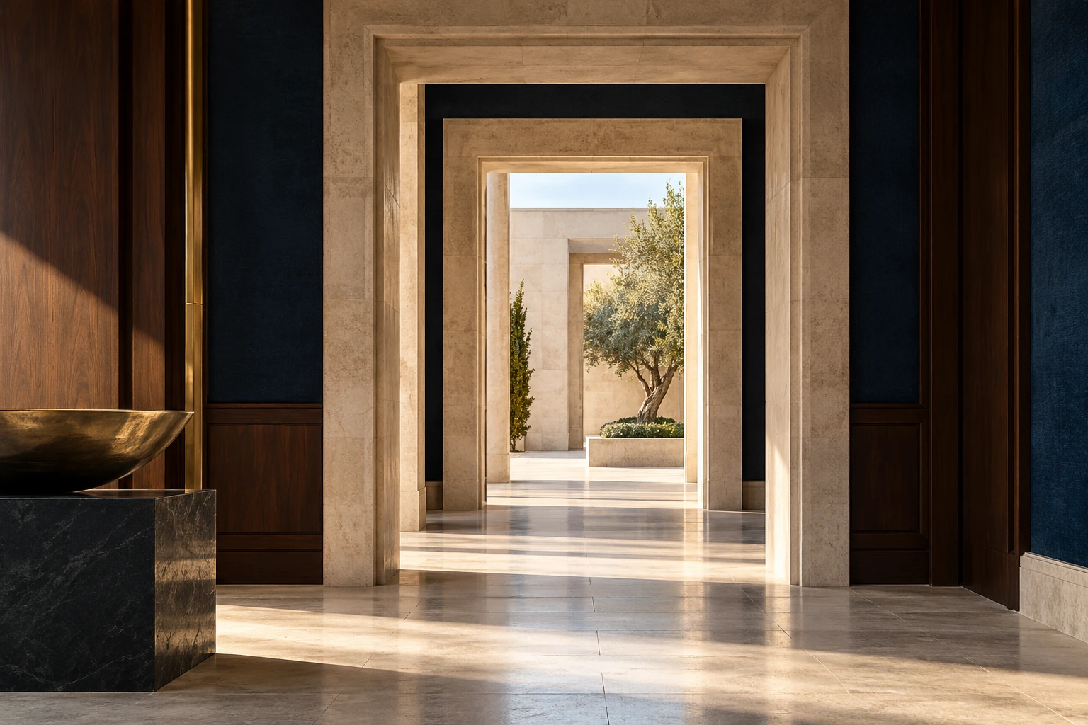 Aligned limestone doorways opening towards a clear sunlit courtyard
