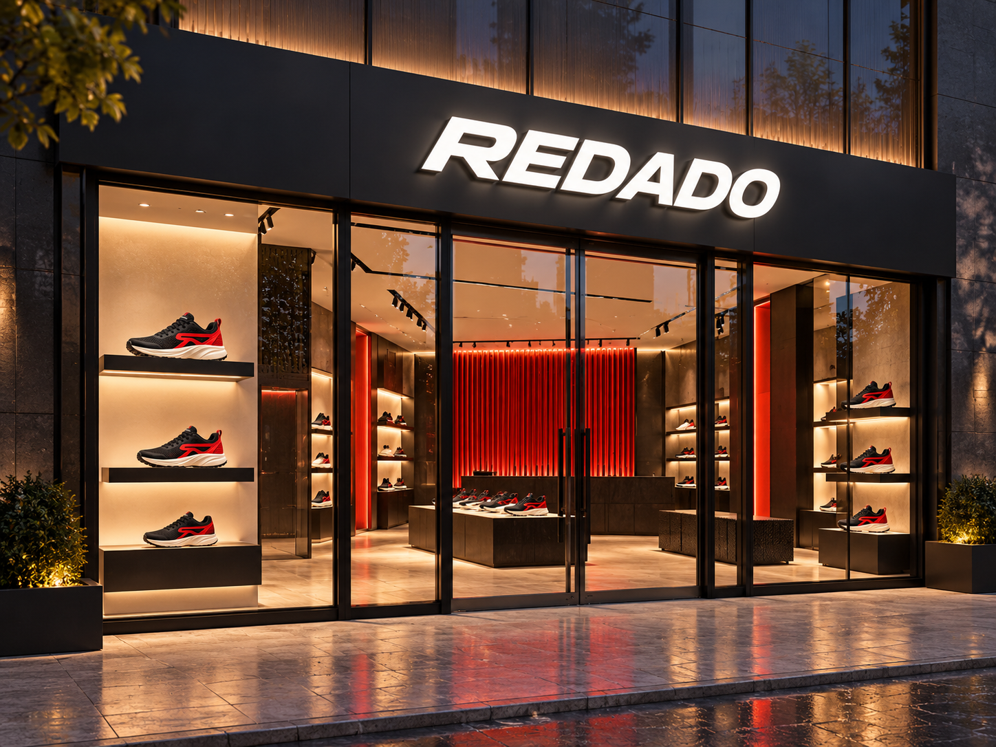 Illustrative REDADO flagship storefront with warm lighting and shoe displays.