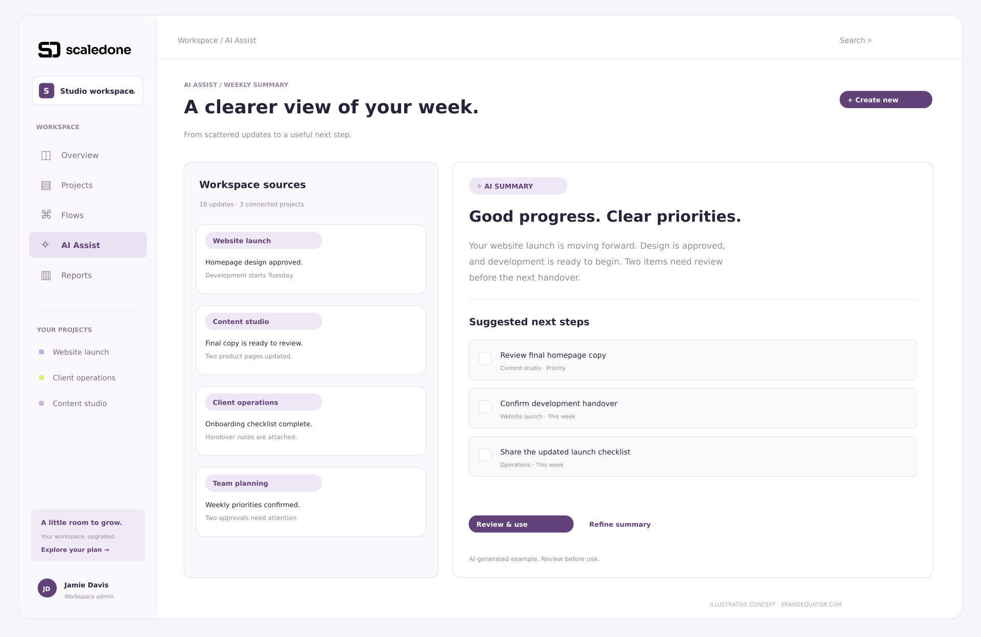AI Assist showing source updates and suggested next steps