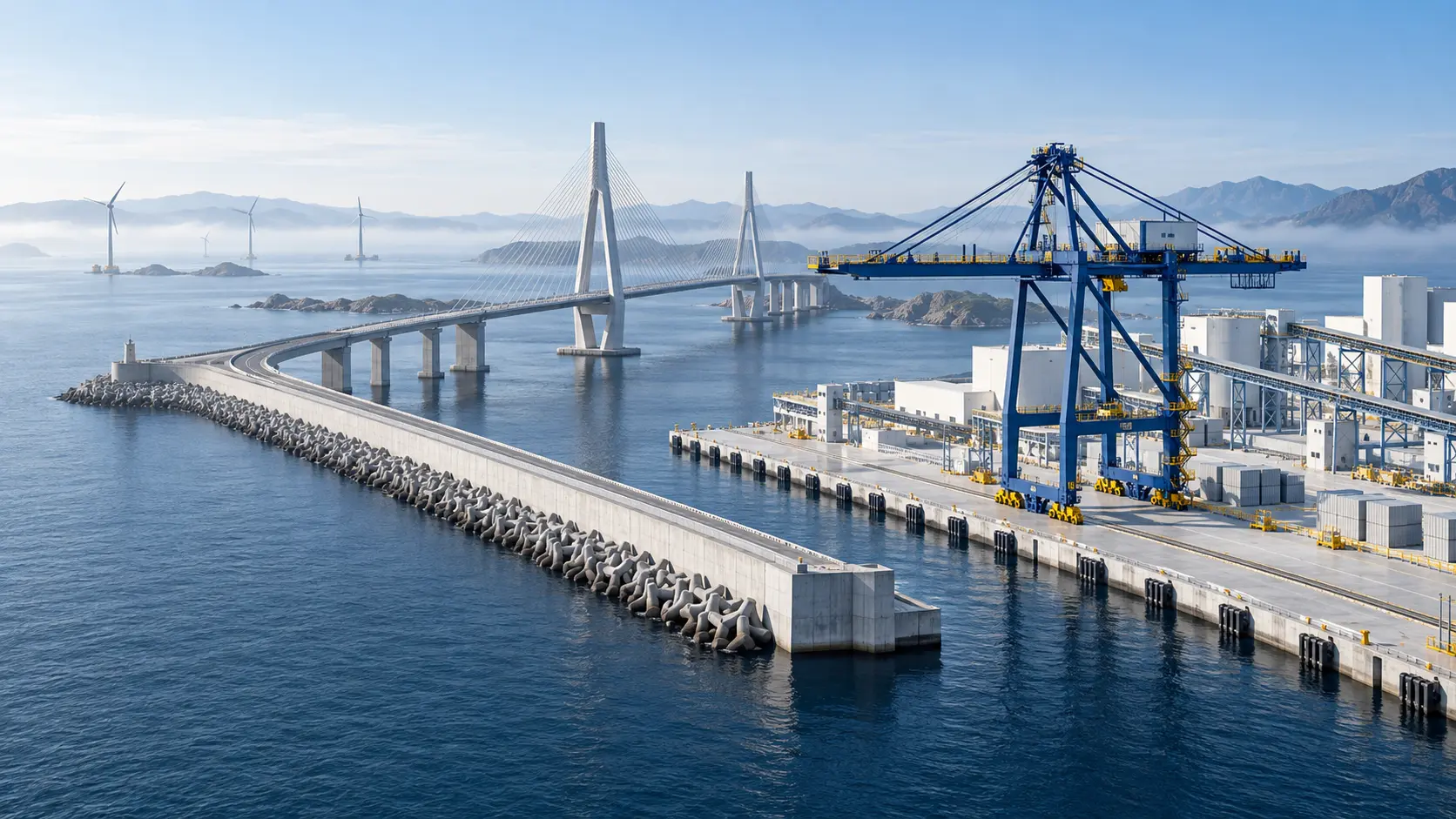 Coastal industrial infrastructure with a blue crane, a bridge, and offshore wind turbines
