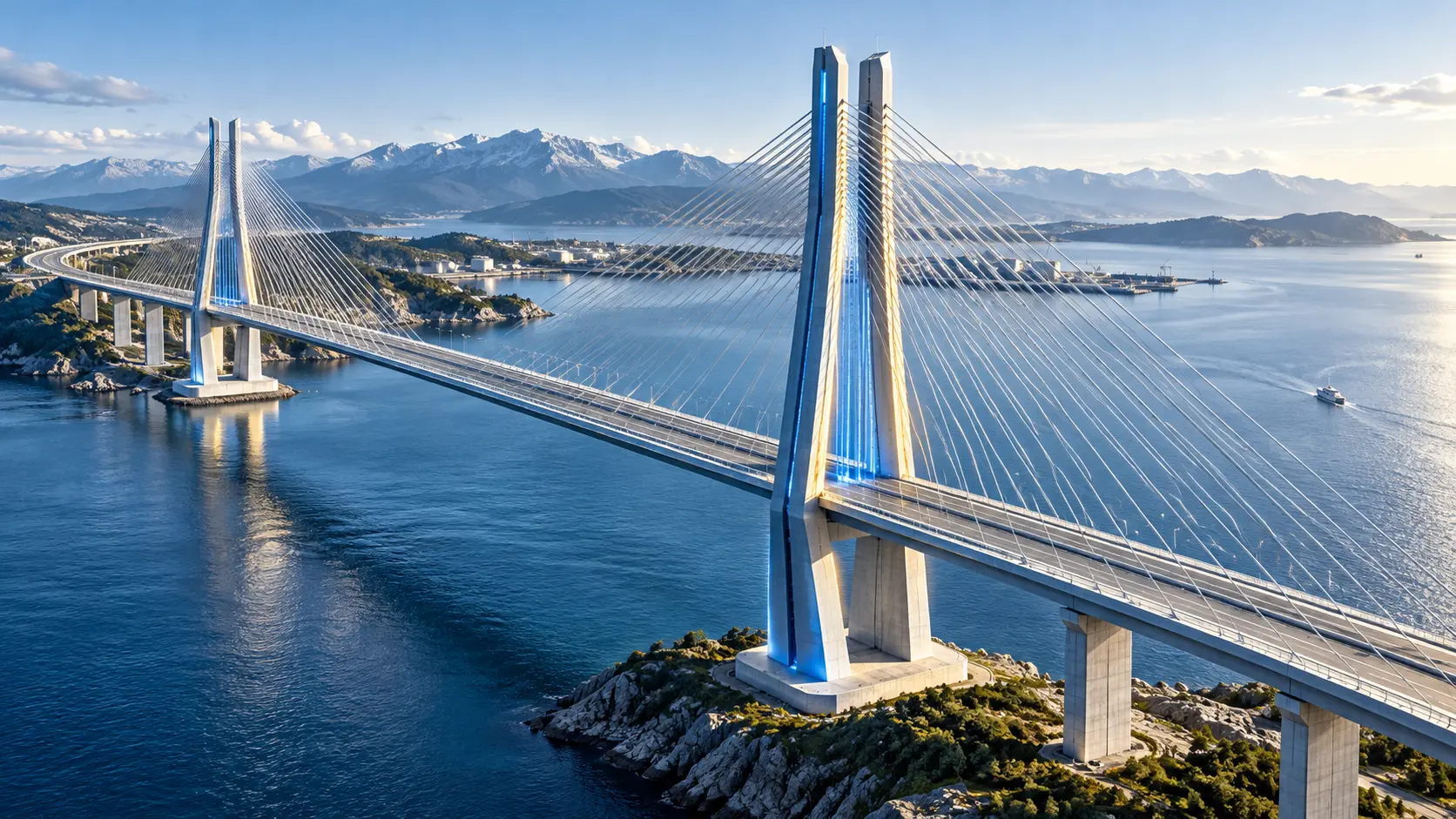 Realistic coastal bridge with subtle digital asset illumination
