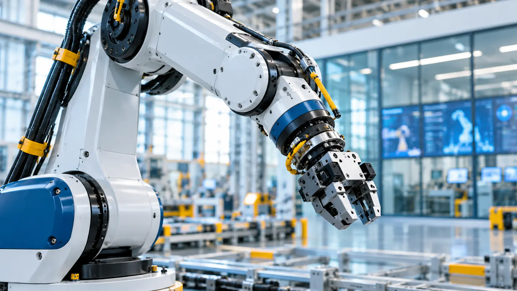 Industrial robotic arm in a modern factory with a connected control room