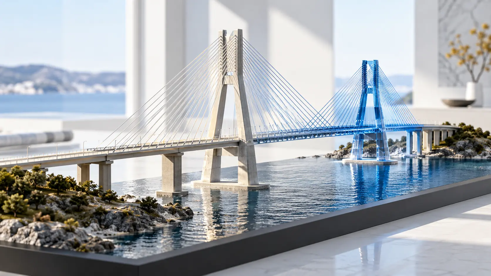 Physical bridge scale model with a translucent blue digital counterpart